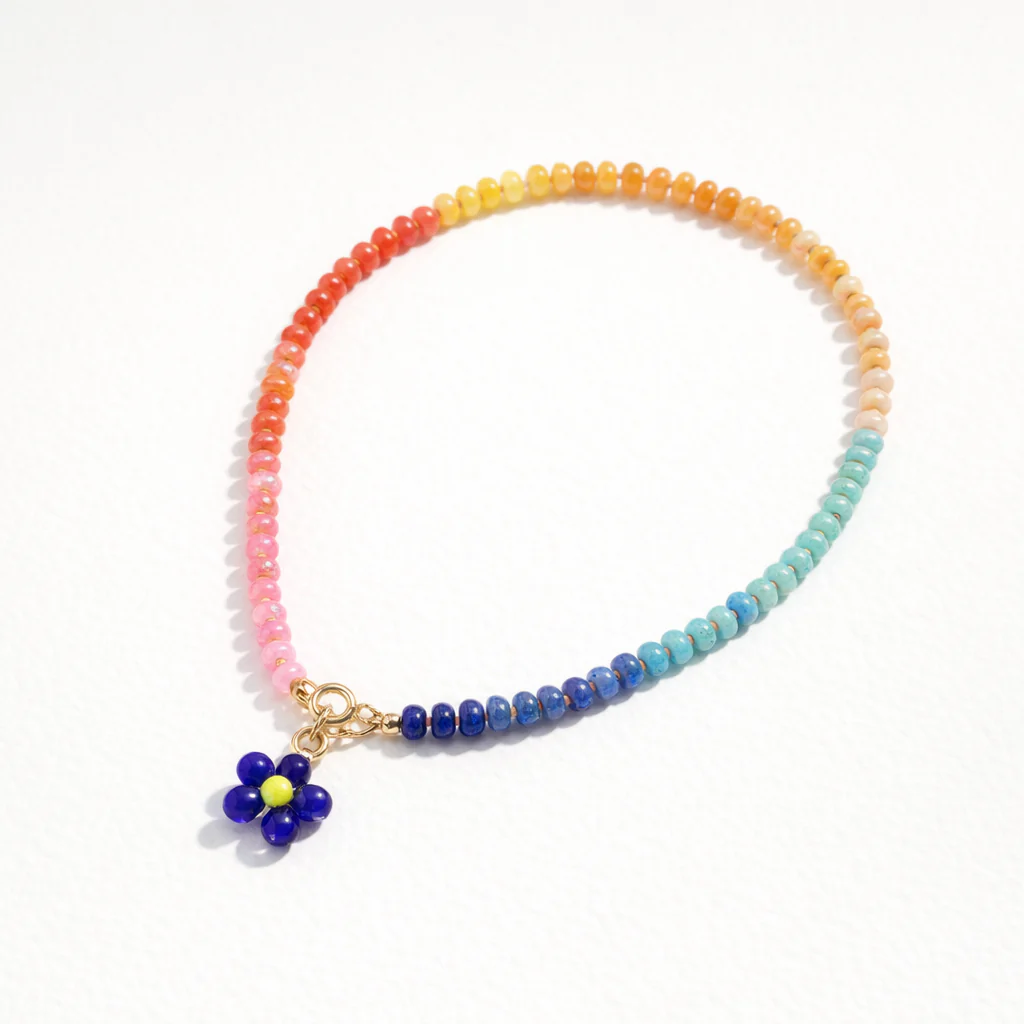Bright Natural Stone Beaded Necklace - Blue Flower / Yellow Centre