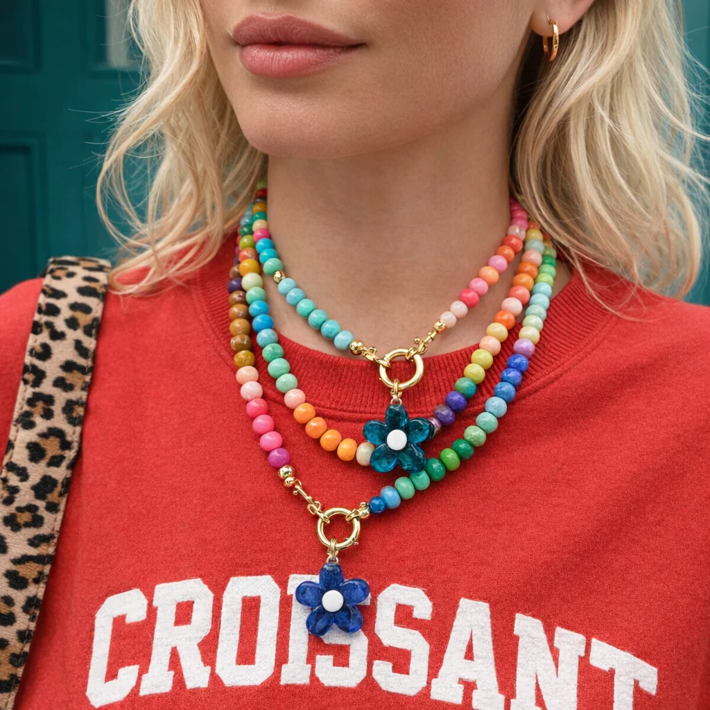 Bright Natural Stone Beaded Necklace - Blue Flower / Yellow Centre - Image 2