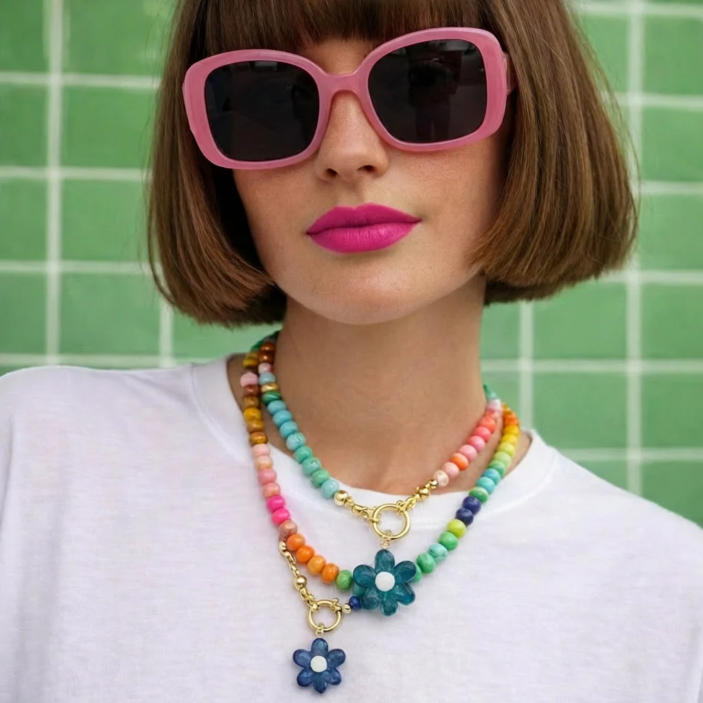 Bright Natural Stone Beaded Necklace - Blue Flower / Yellow Centre - Image 3