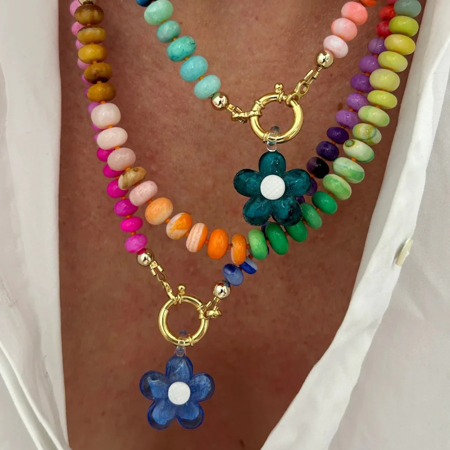 Bright Natural Stone Beaded Necklace - Blue Flower / Yellow Centre - Image 4