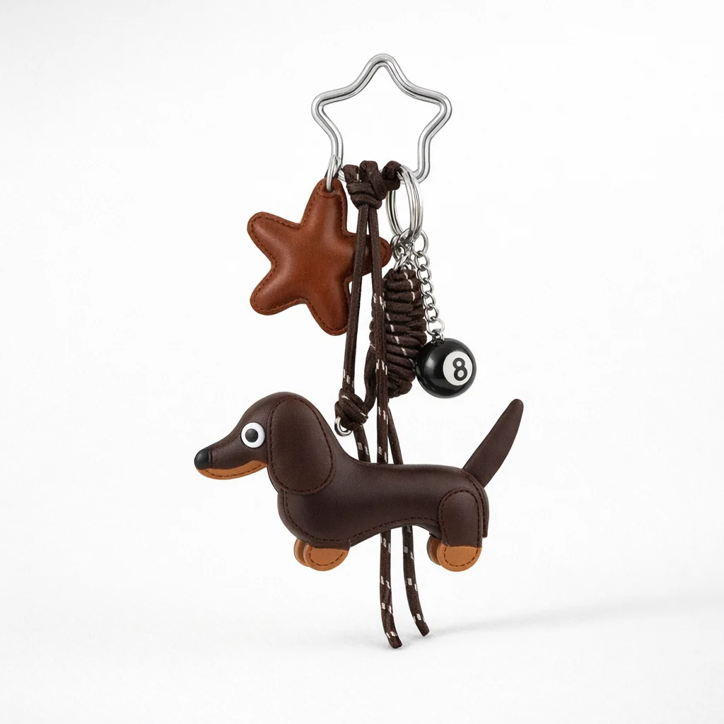 Brown Sausage dog with 8 ball keyring