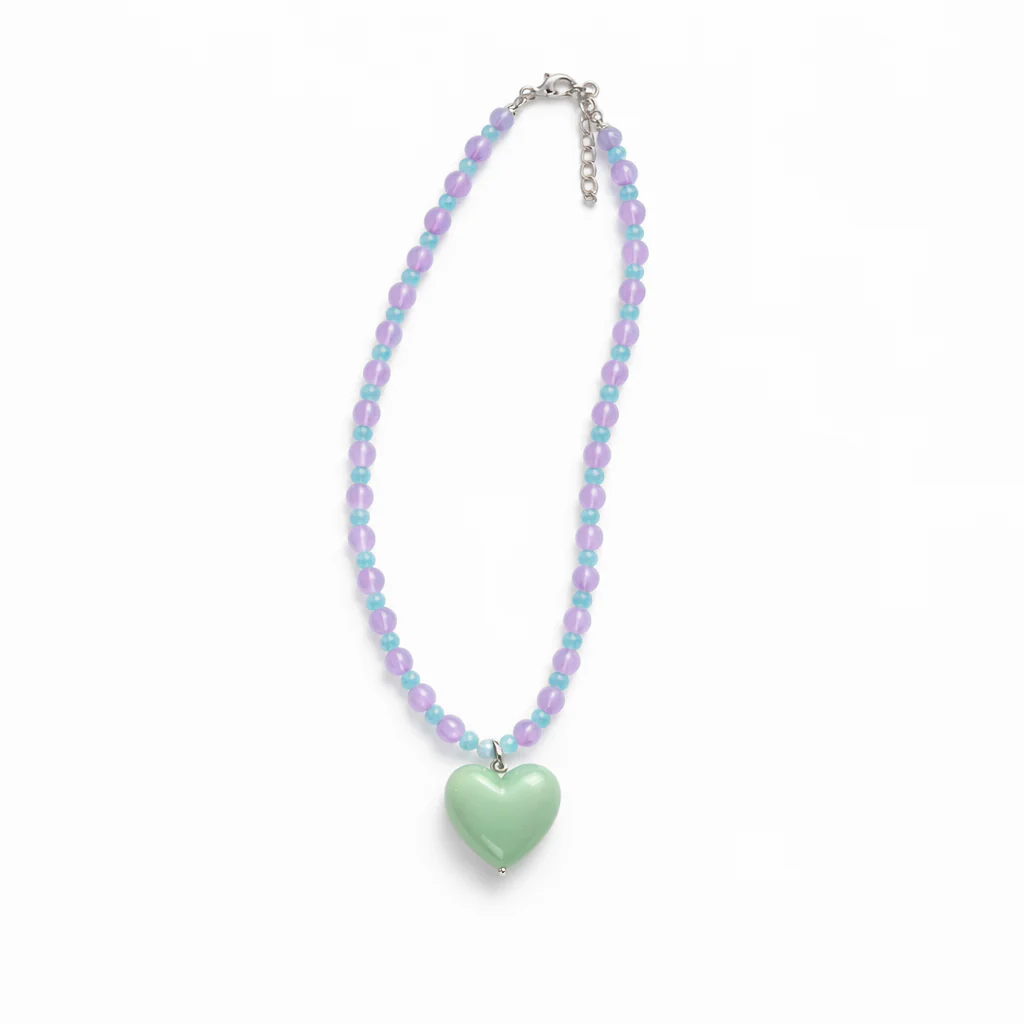 Glass bead lilac necklace with green Heart