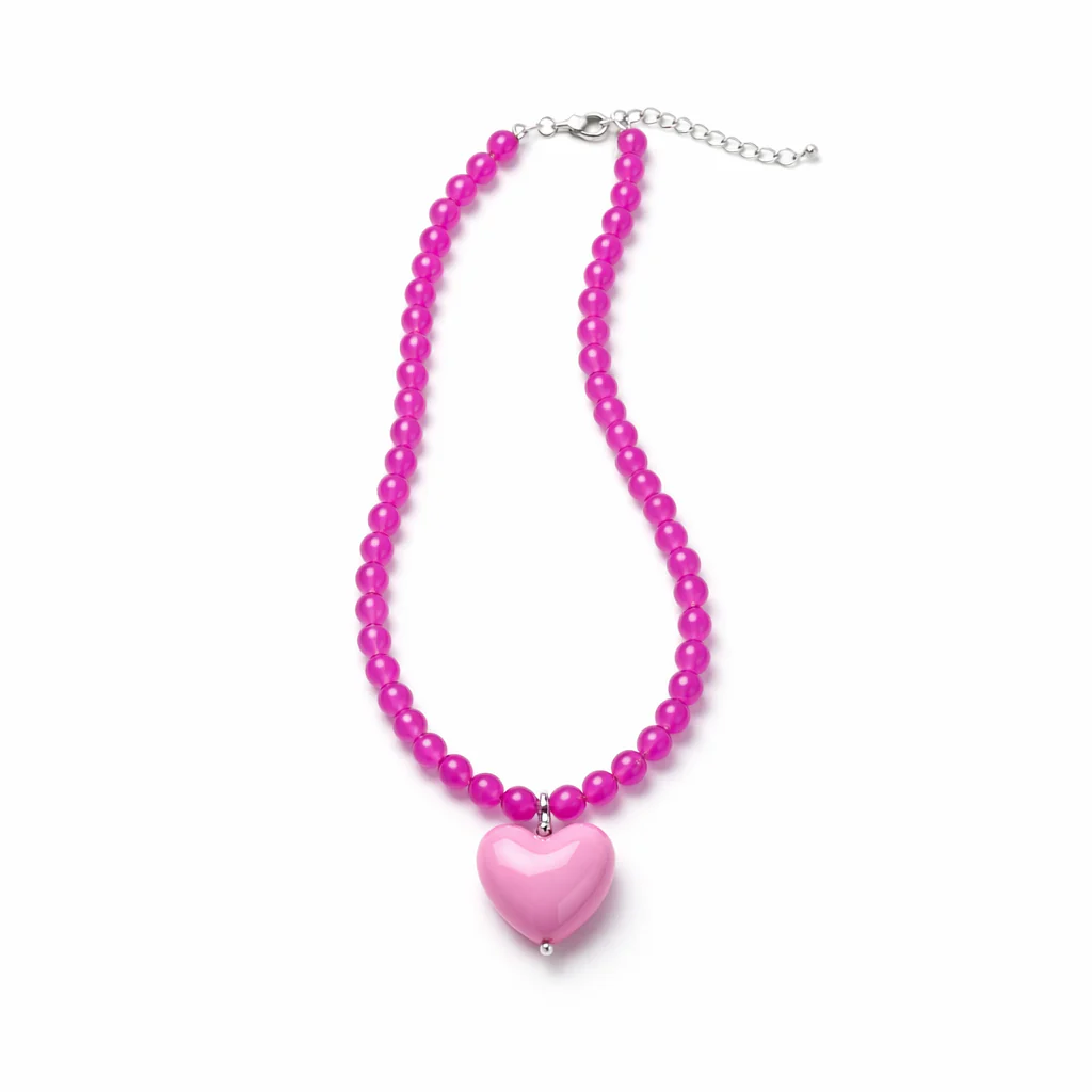 Glass bead pink necklace with pink Heart
