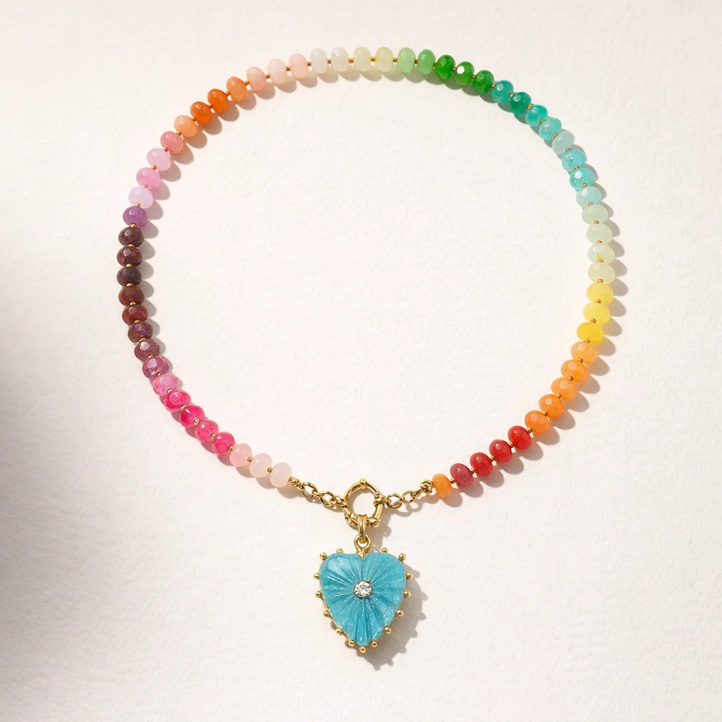 Gold Plated glass bead necklace with heart pendant - Blue - Image 2