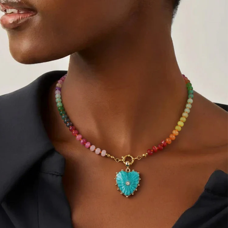 Gold Plated glass bead necklace with heart pendant - Green - Image 3