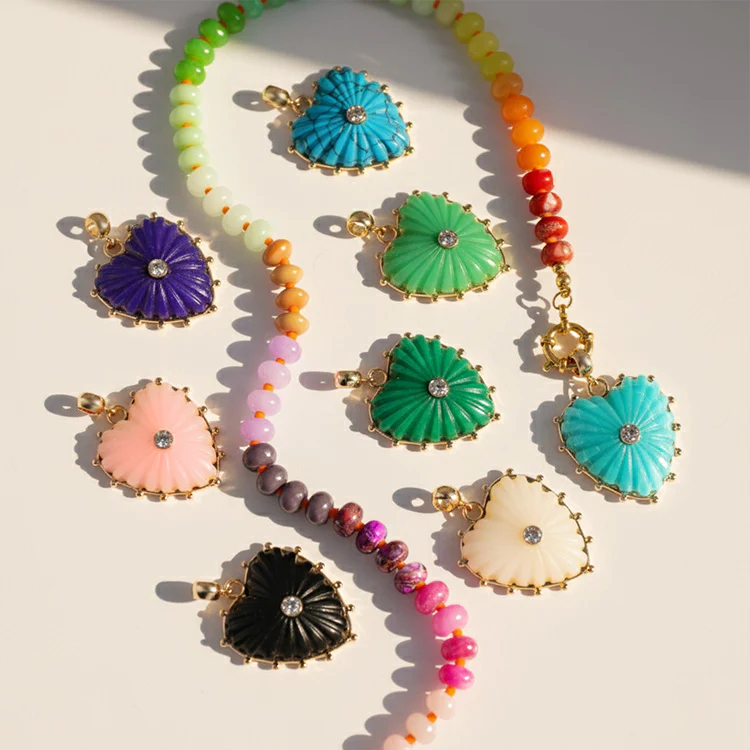 Gold Plated glass bead necklace with heart pendant - Green - Image 4