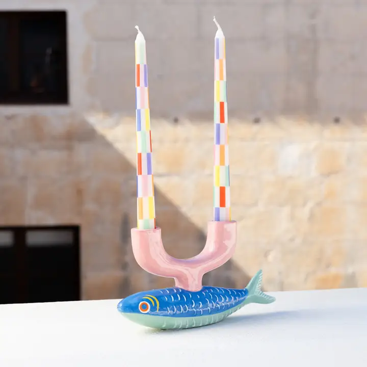 Multi Coloured Check Taper Candle - Image 3